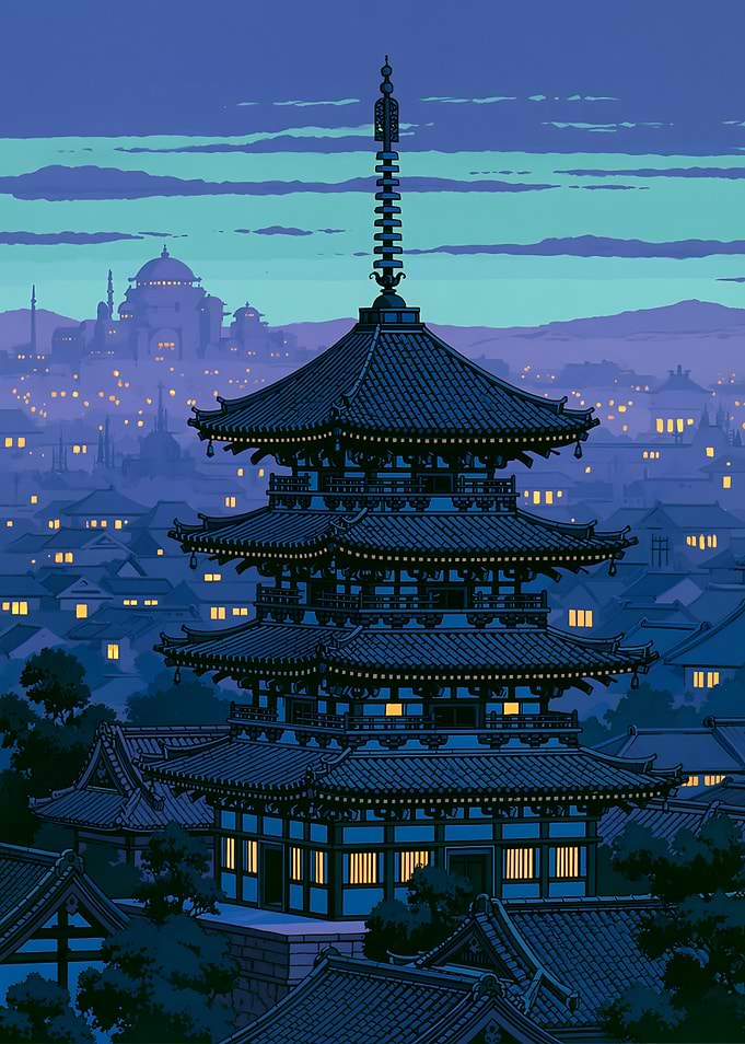 Pagoda Cityscape at Dusk