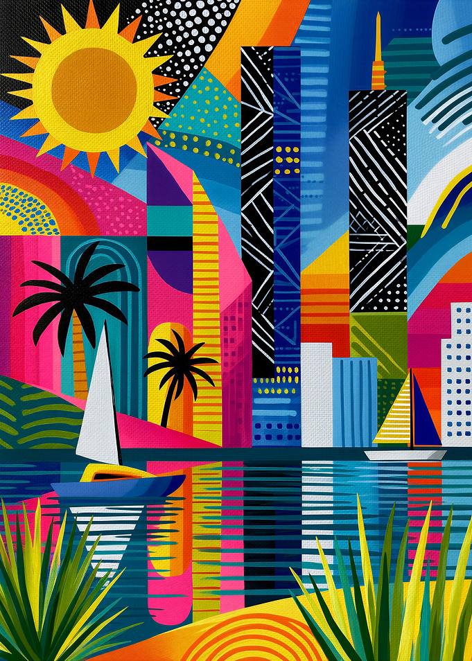 Australian Cityscape with Sailboats and Palm Trees
