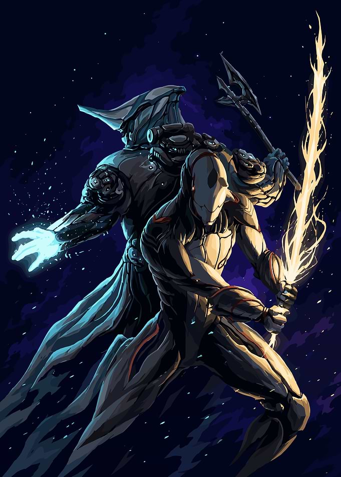 Warframe characters with glowing weapons