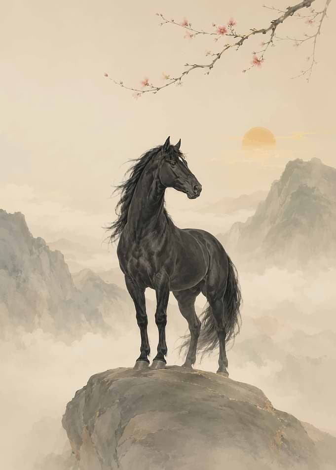 Majestic Black Horse on Cliff