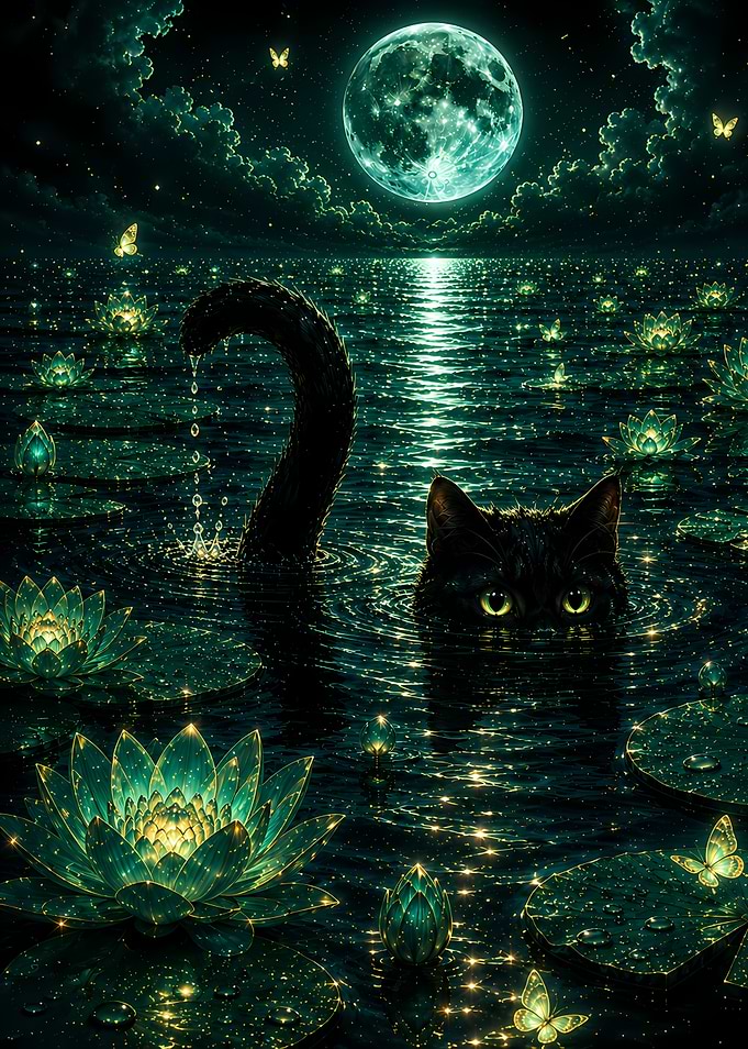 Mystical Black Cat in Moonlit Water Lilies