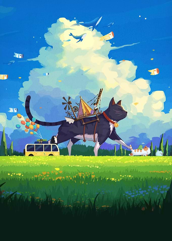 Whimsical Cat Adventure in a Dreamy Landscape