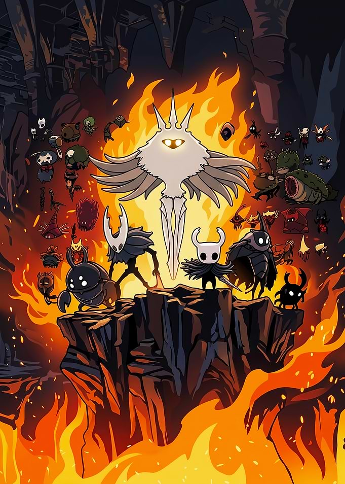 Hollow Knight Characters in Fiery Scene