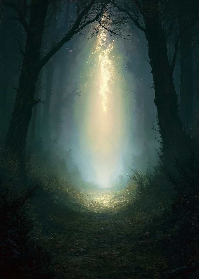 Mystical Forest Path with Light Beam