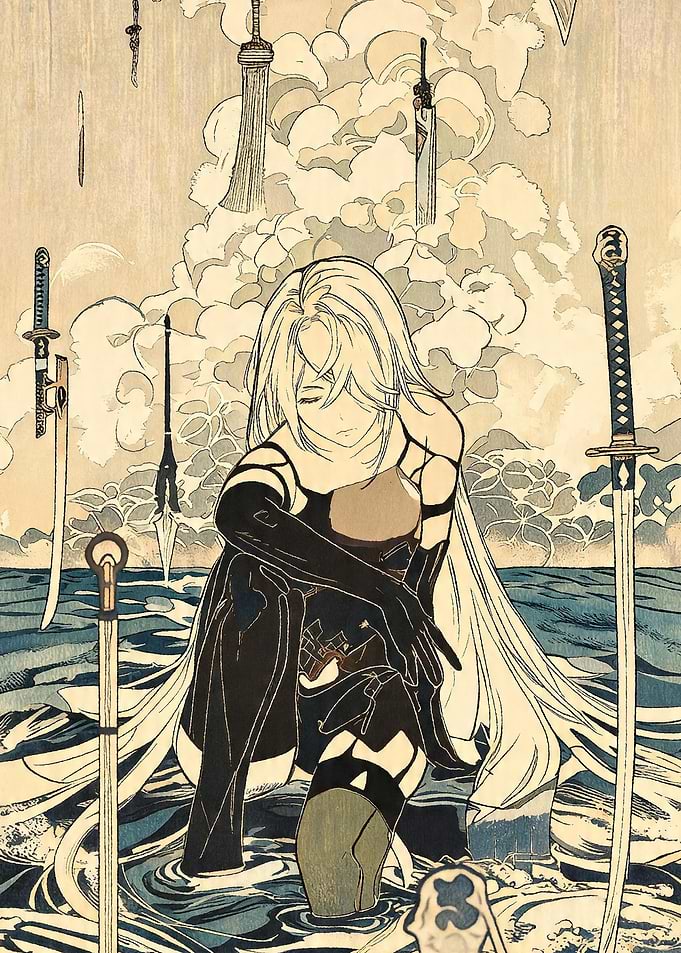 Anime Girl with Swords in Water