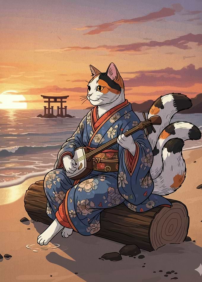 Cat playing shamisen at sunset
