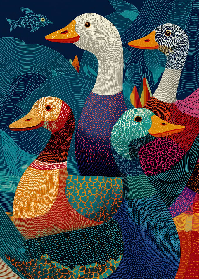Colorful Ducks in a Textured Landscape