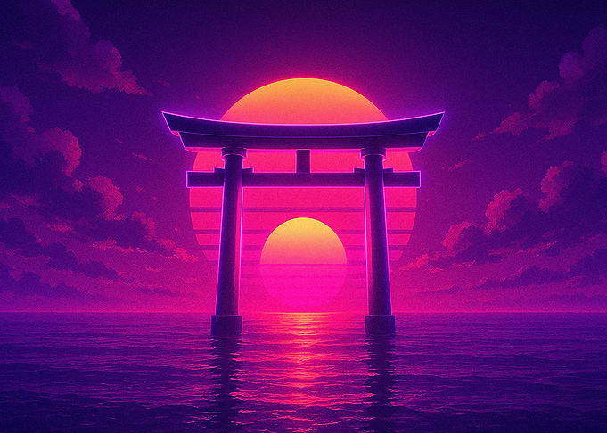 Retro Sunset Torii Gate Over Water