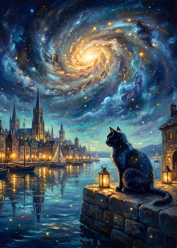 Black Cat Gazing at a Cosmic Galaxy