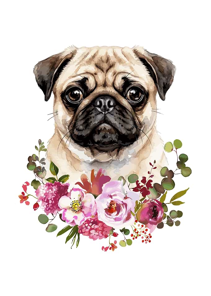 Pug with Floral Wreath