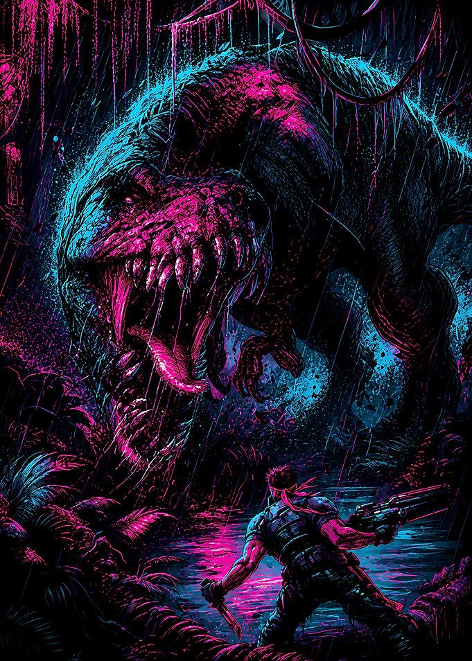 Dinosaur vs. Hunter in Neon Jungle