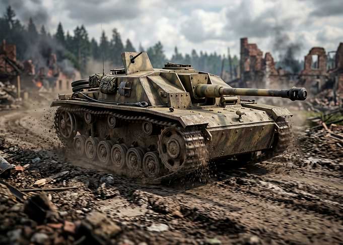 World War II Tank in Ruined Village
