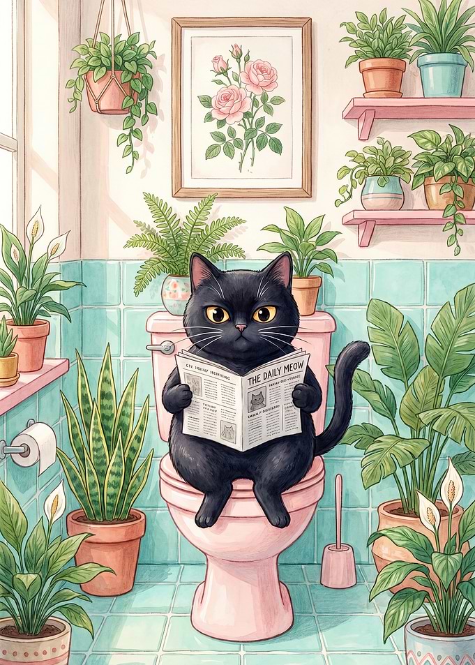 Black Cat Reading Newspaper on Toilet
