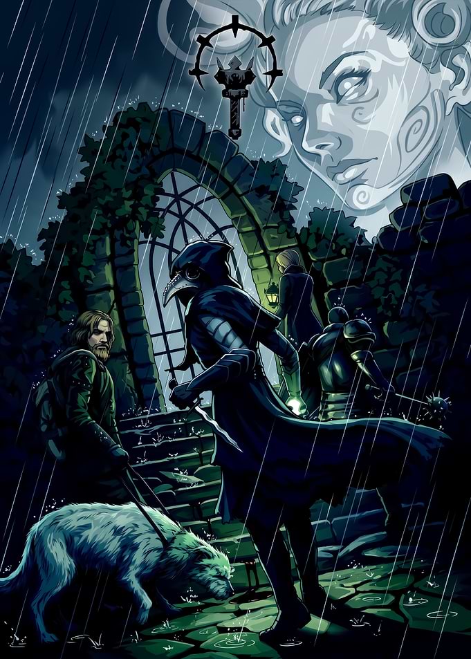 Gothic Rain Scene with Plague Doctor