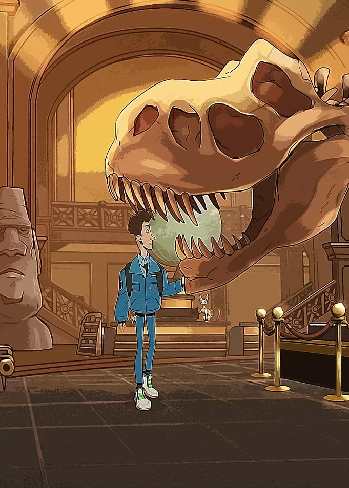 Boy with Dinosaur Skeleton and Egg