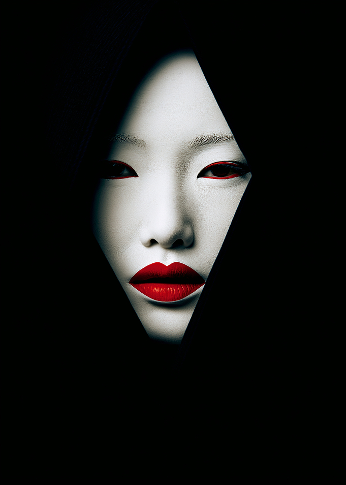 Geisha Face with Red Lips and Eyes