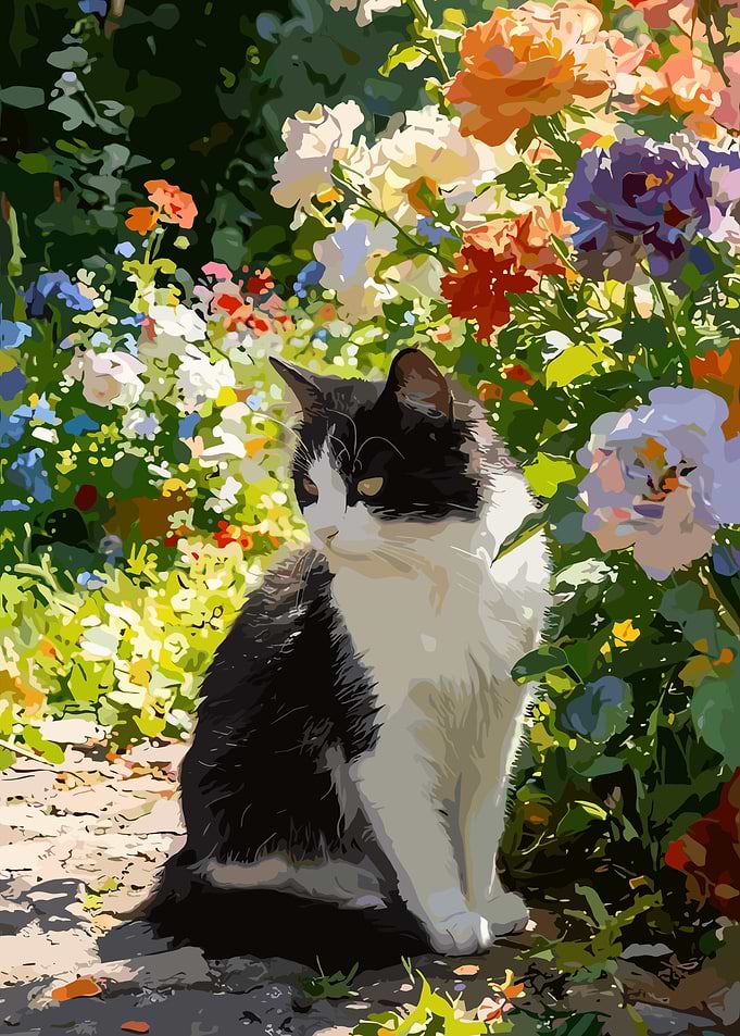 Black and white cat in a flower garden