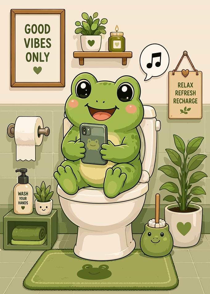Cute Frog on Toilet with Phone