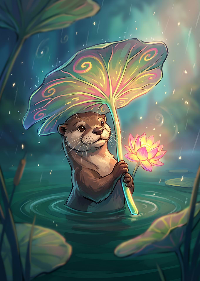 Cute Otter with Lotus Flower Umbrella
