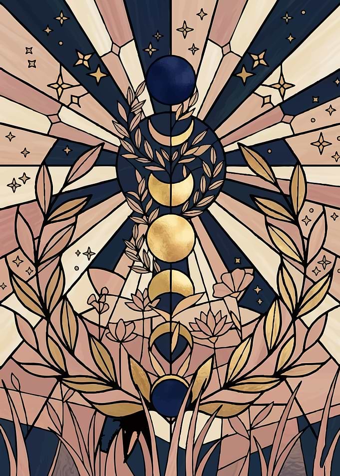 Celestial Moon Phases and Floral Stained Glass