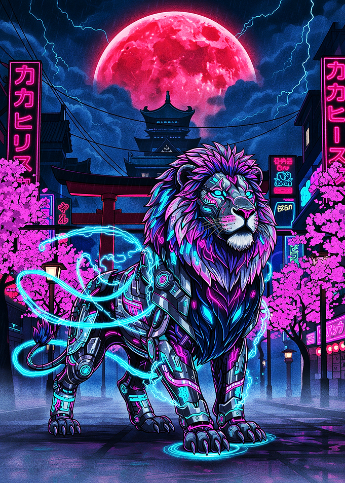 Cyberpunk Lion in Neon City