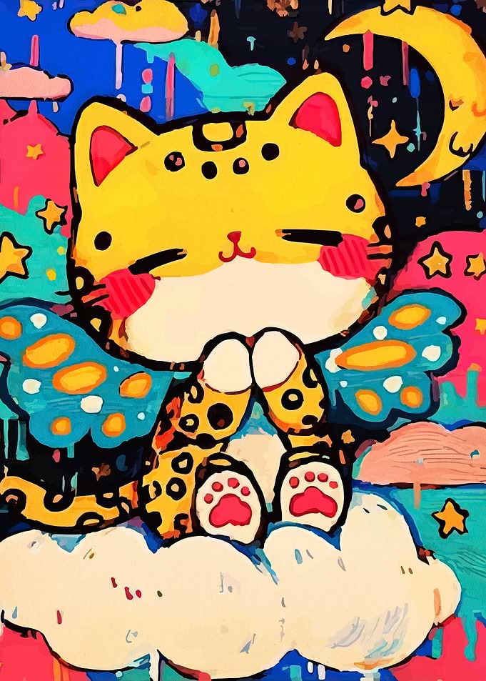 Cute Cat with Butterfly Wings in a Starry Sky
