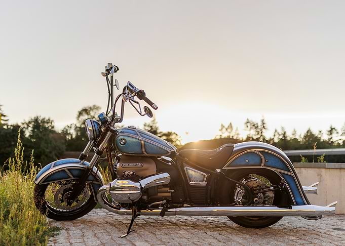 Custom Blue BMW Motorcycle at Sunset