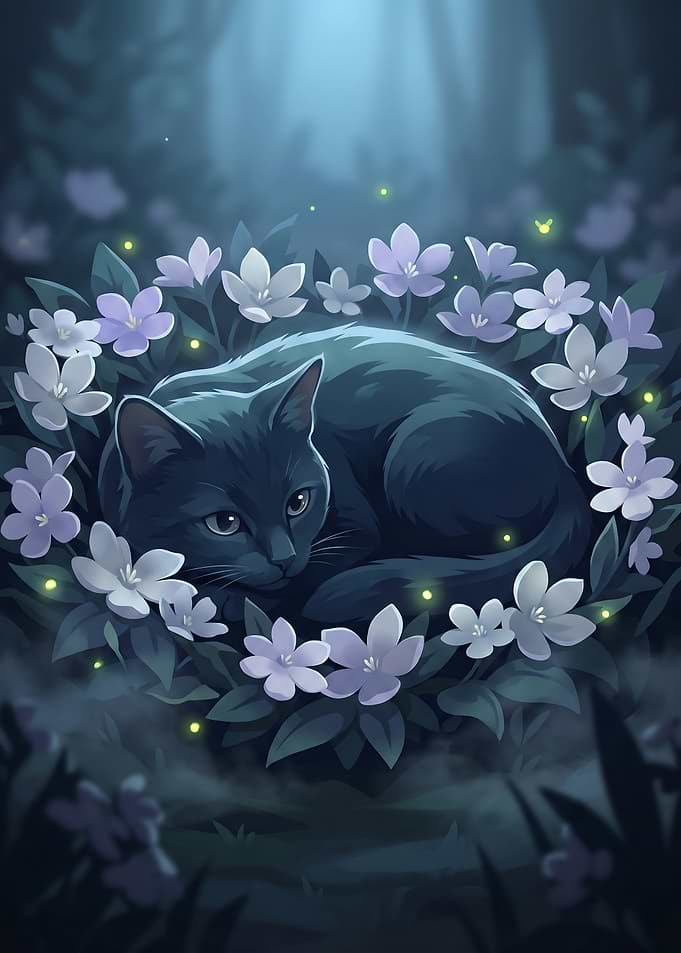 Mystical Feline and Moonlit Blossoms