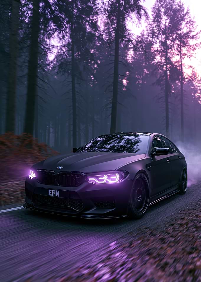 Matte Black BMW M5 with Purple Headlights
