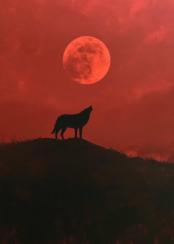 Wolf howling at a red moon