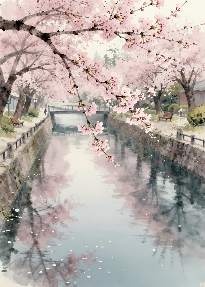 Cherry Blossoms Over a Canal