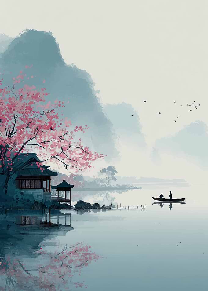 Serene Japanese Landscape with Cherry Blossoms