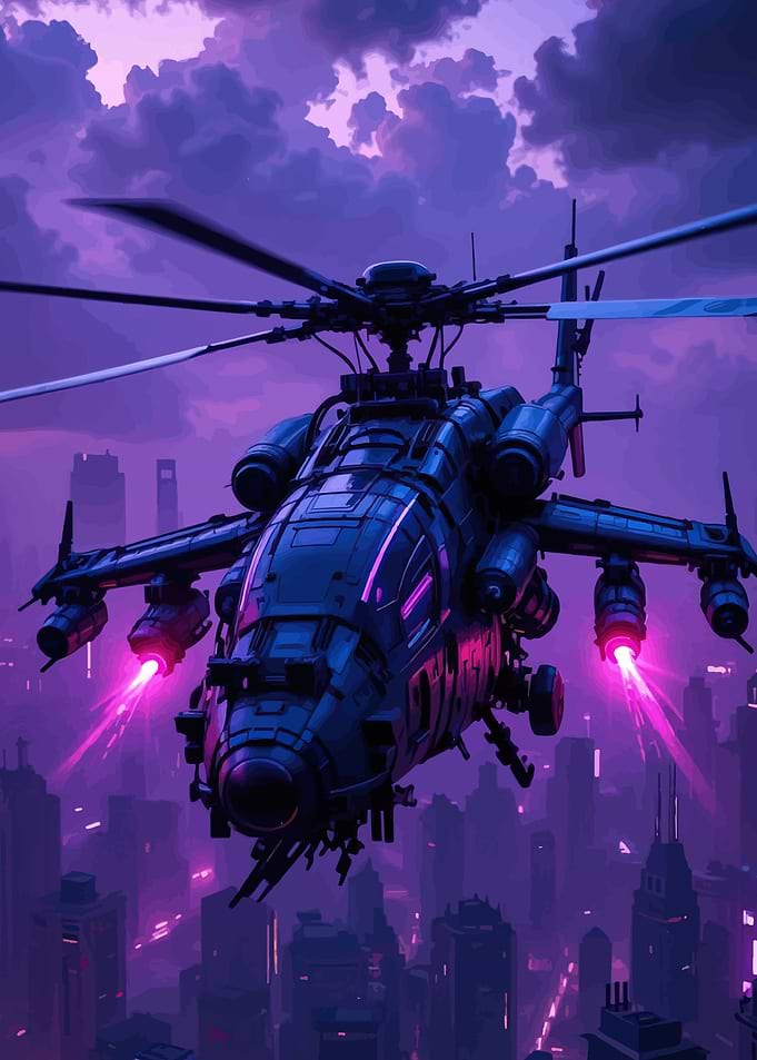 Futuristic Helicopter Over Neon City