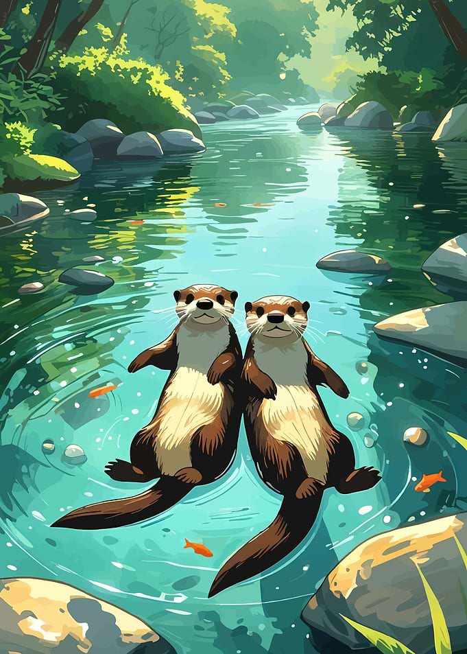 Two Otters in a Stream