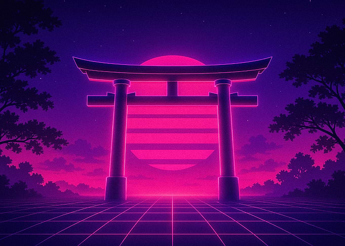 Retro Neon Torii Gate Sunset
