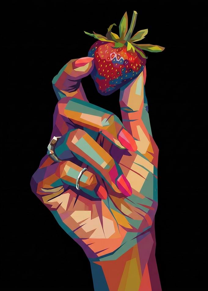 Hand Holding a Strawberry in Pop Art Style
