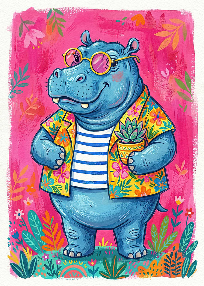 Hippopotamus in Hawaiian shirt with sunglasses
