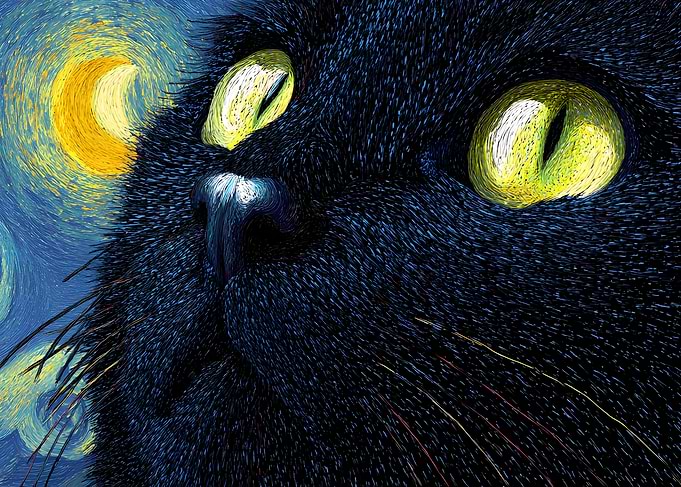 Black Cat in Starry Night Style