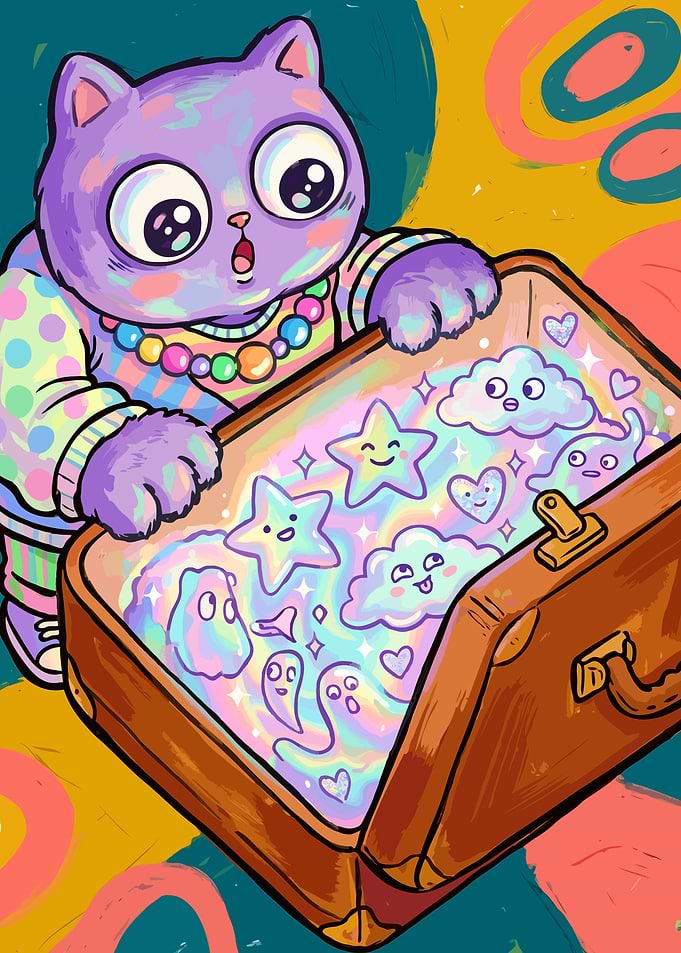 Purple Cat With Magical Suitcase