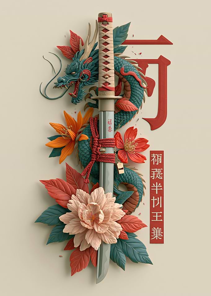 Samurai Sword with Dragon and Flowers