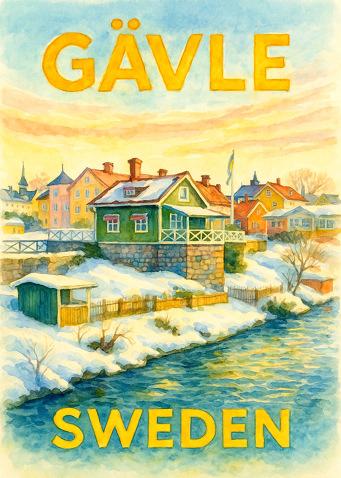 Gävle Sweden Vintage Travel Poster | Watercolor Scandinavian Riverfront Wall Art