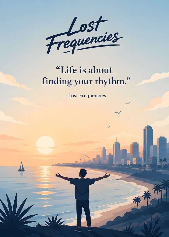 Lost Frequencies Quote with Sunset Cityscape