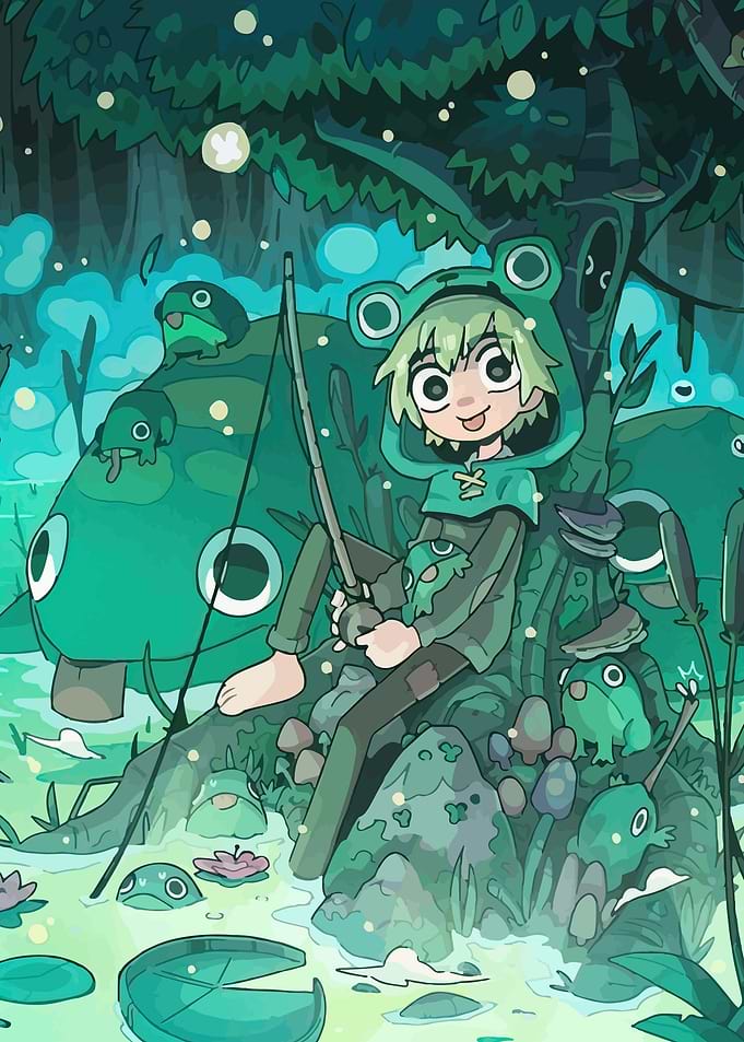 Frog Child Fishing in a Magical Swamp
