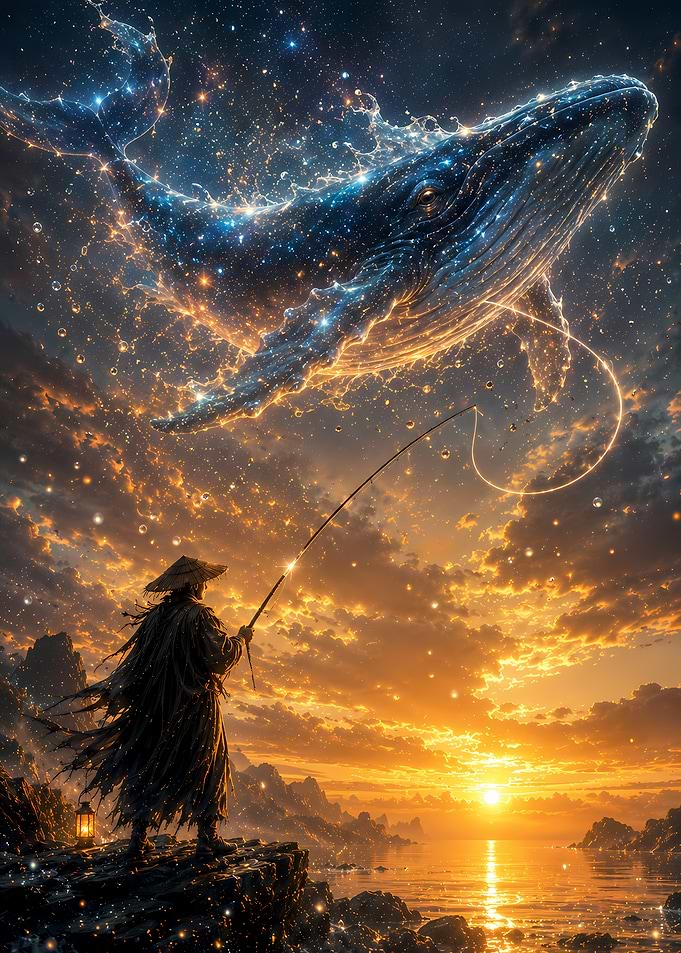 Cosmic Whale Fishing at Sunset