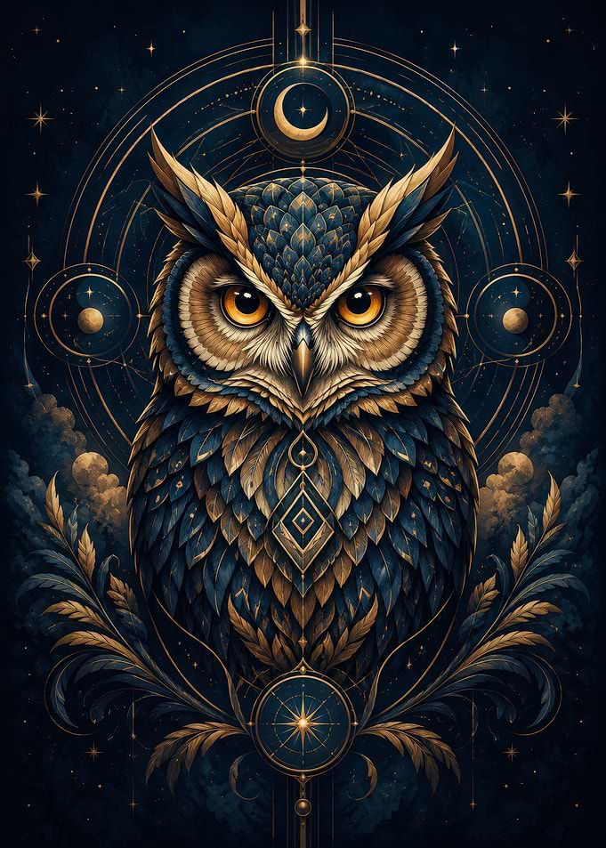 Mystical Owl with Celestial Ornaments