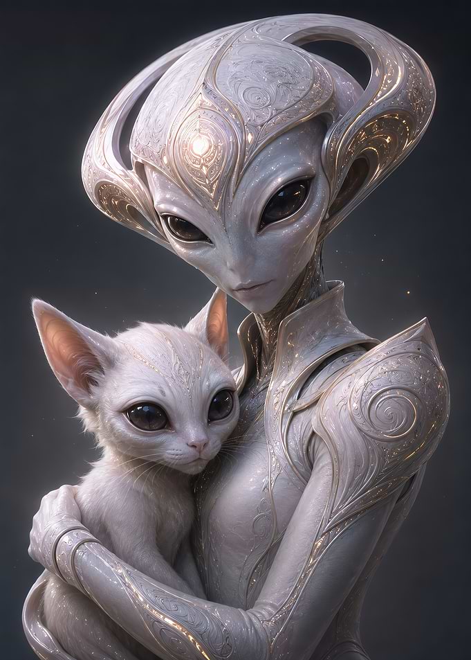 Alien holding a white cat