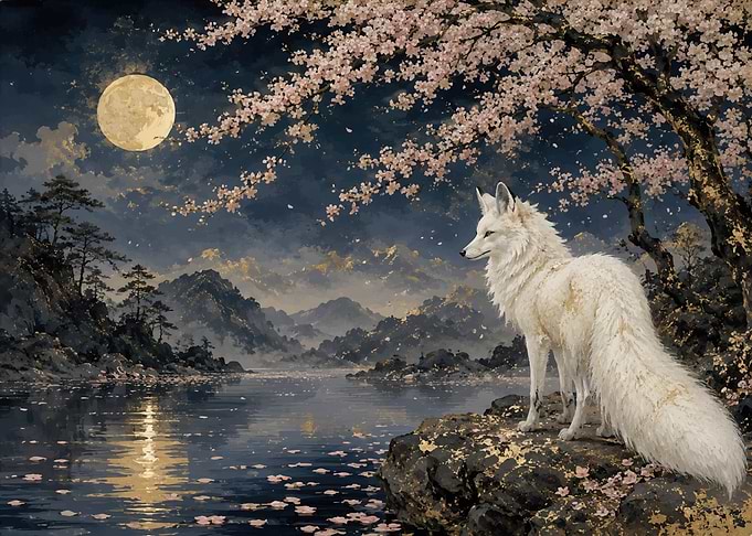 White Fox Under Cherry Blossoms