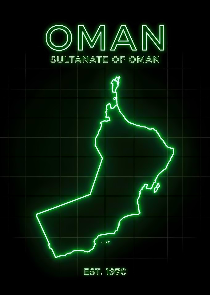 Neon Green Oman Map Outline on Black Grid