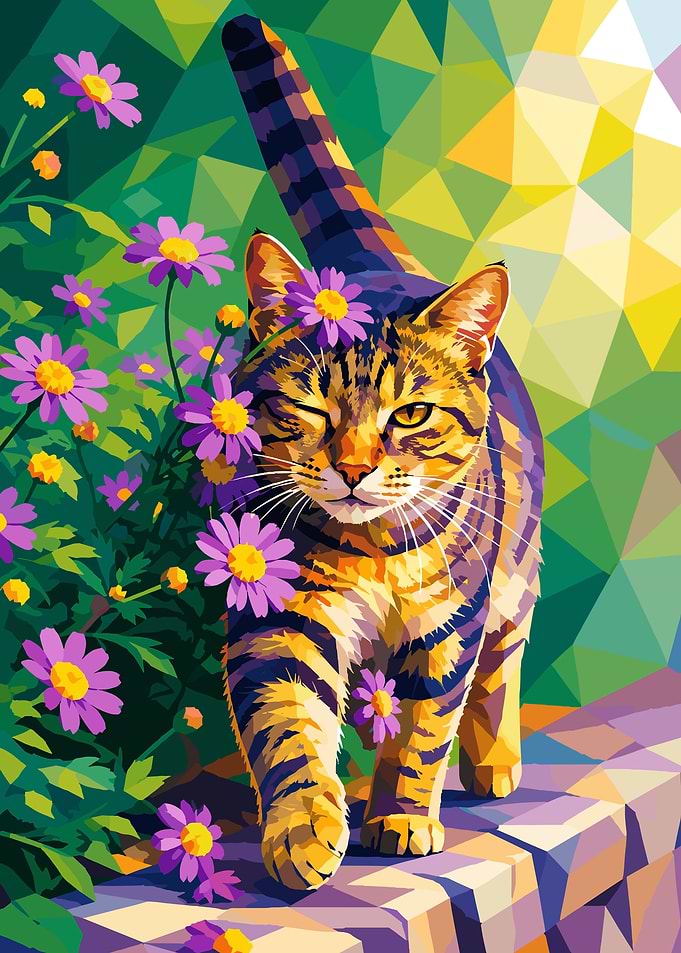 Tabby Cat with Flowers in Garden