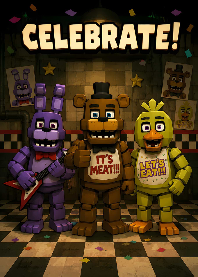 Five Nights at Freddy's characters celebrating